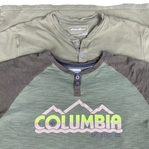 COLUMBIA and Eddie Bauer green t-shirt bundle size large henley style - Picture 1 of 9